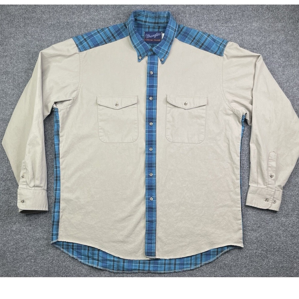 Wrangler Button Down Shirt Mens XL Tan Blue Plaid Colorblock Western Long Sleeve